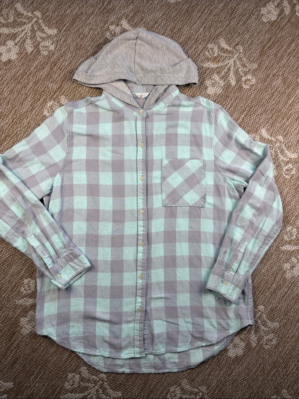 Aeropostale Men's Plaid Hooded Button-Down Shirt in Mint & Gray